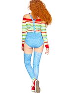 Kvinnlig Chucky från Den onda dockan, maskerad-teddy med öppna axlar och knappar, färgrika ränder